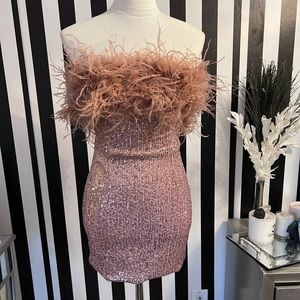 Blush Ostrich Feather Trim Strapless Sequin Mini Dress - NWT